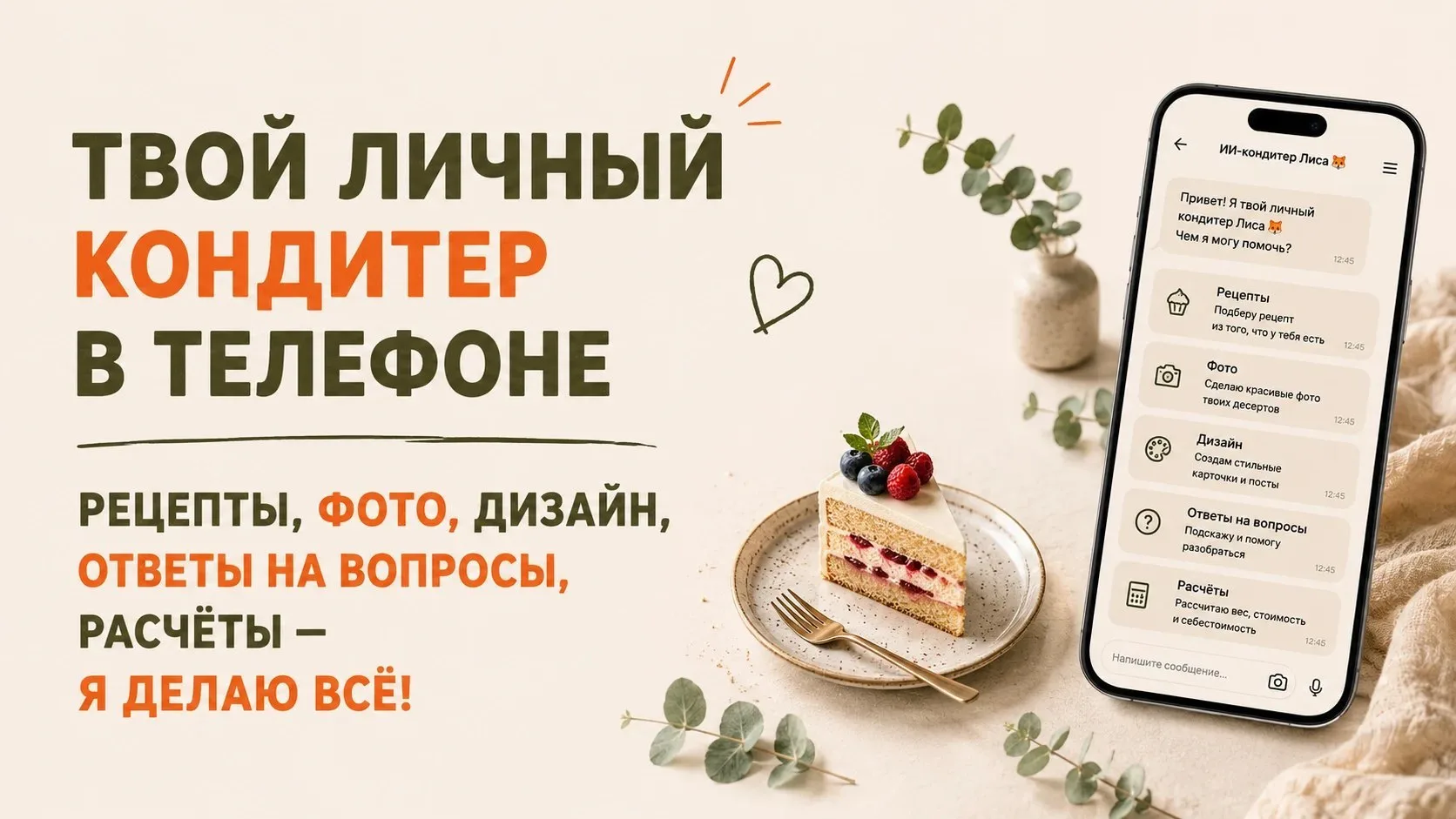 НАША НОВАЯ ПОМОЩНИЦА-КОНДИТЕР БЕСПЛАТНО 🤫 Создам РЕЦЕПТЫ, улучшу ФОТО, отвечу на любые...