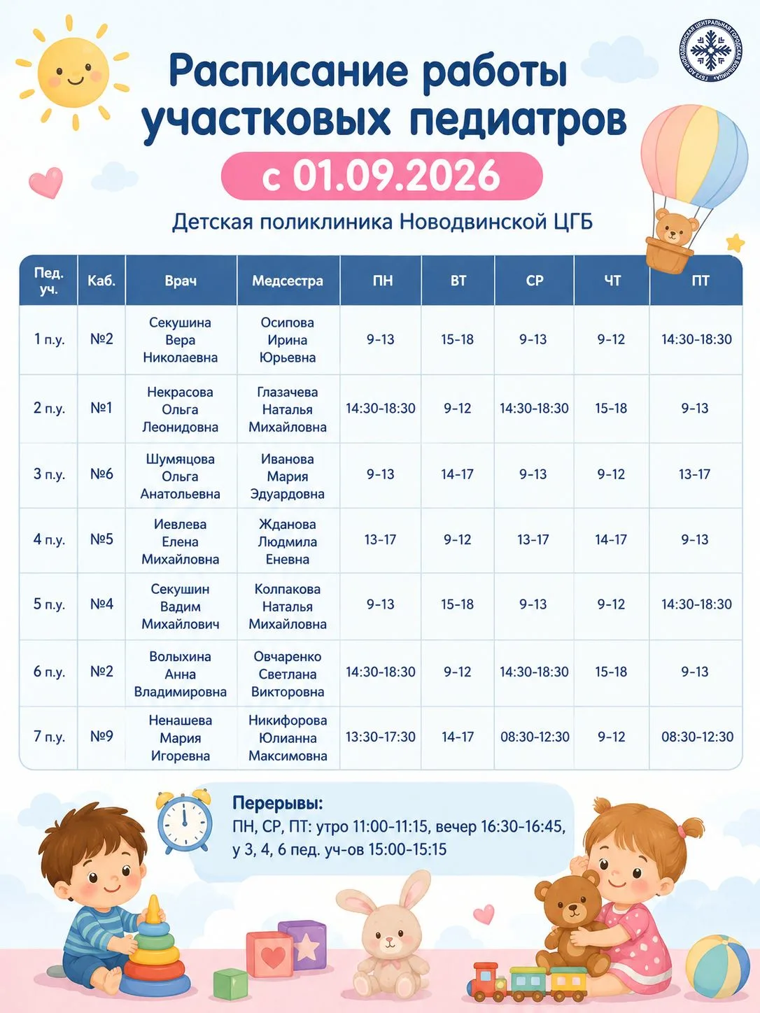 🏥 Расписание участковых педиатров детской поликлиники с 1 сентября