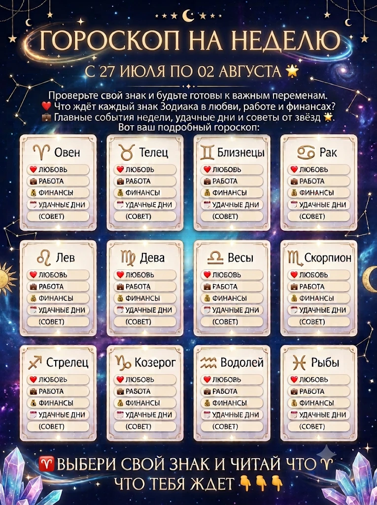 Гороскоп на неделю С 27 ИЮЛЯ ПО 02 АВГУСТА 🌟