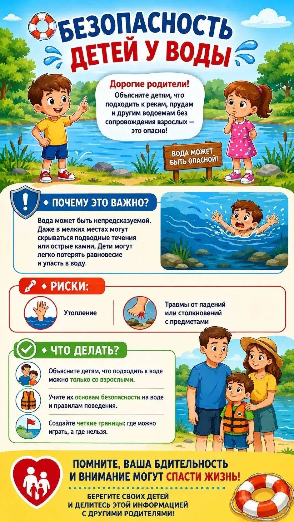 🚸 Безопасность детей у воды

Уважаемые родители!

Ещё раз напомните детям: игры у реки, пруда или л