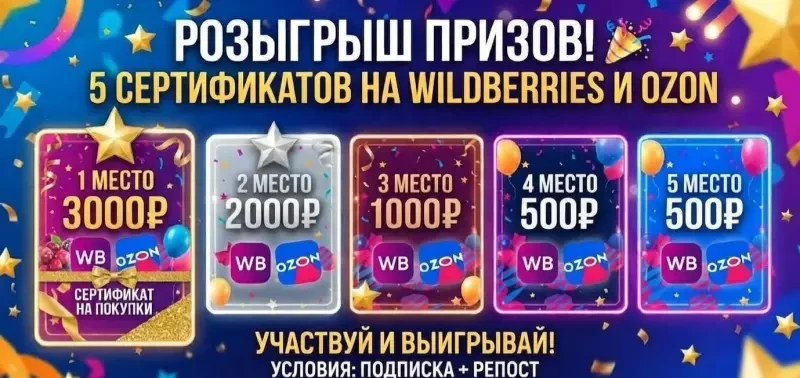 "🔥5 Сертификатов на Wildberries или Ozon🔥"