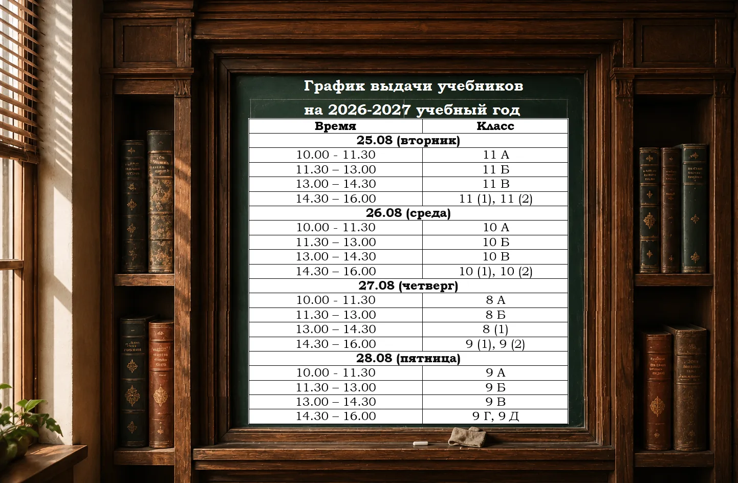 📚 График выдачи учебников на 2026–2027 учебный год