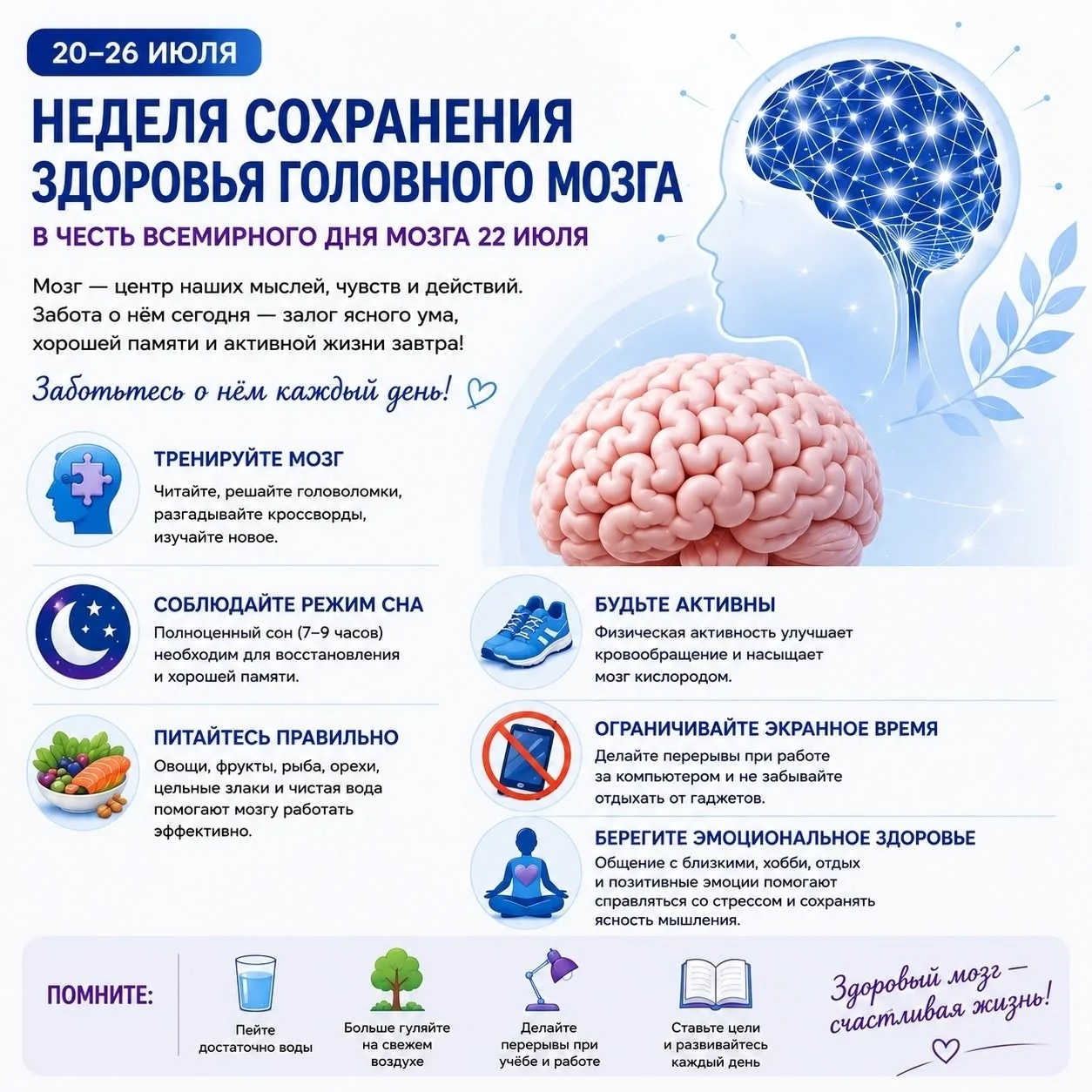 🛡️ Как защитить мозг:
💪 Физическая активность. Достаточно 20–30 минут активности ежедневно (ходьба