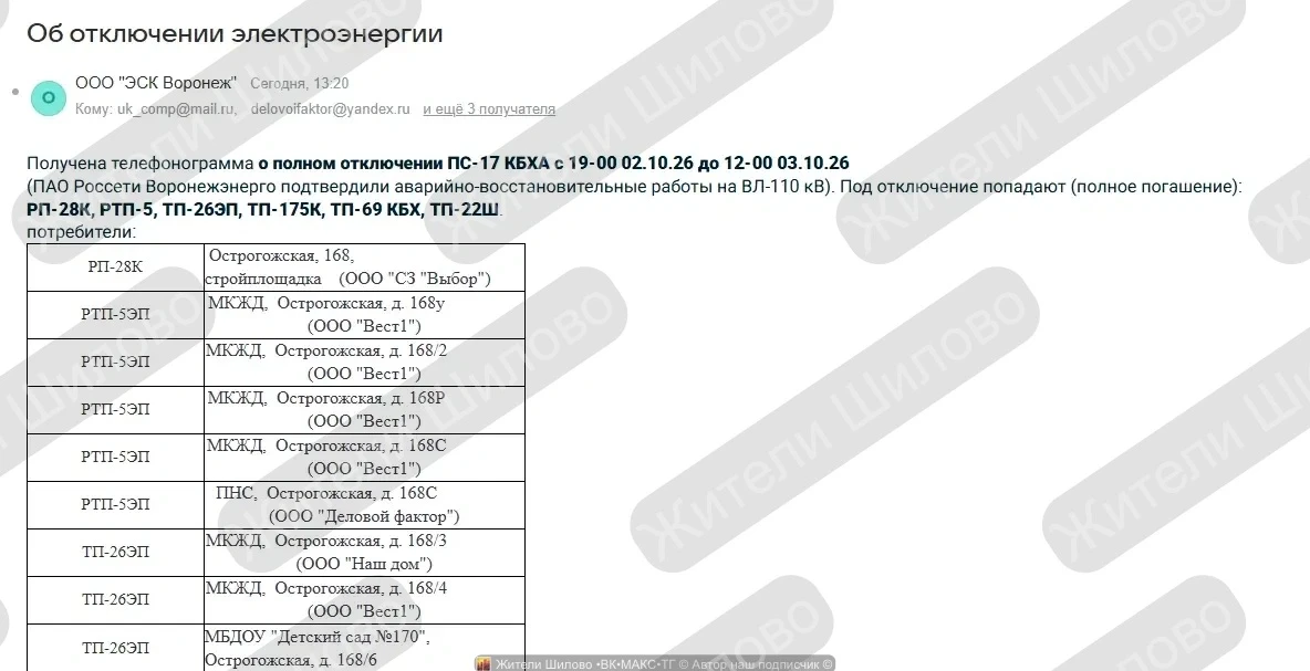 ⚡️ Полное отключение электричества на Острогожской: список адресов
