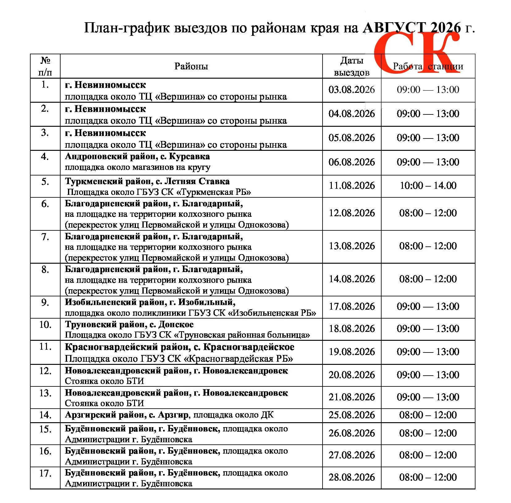 🩸Графики работы выездных бригад Службы Крови на август 2026🩸