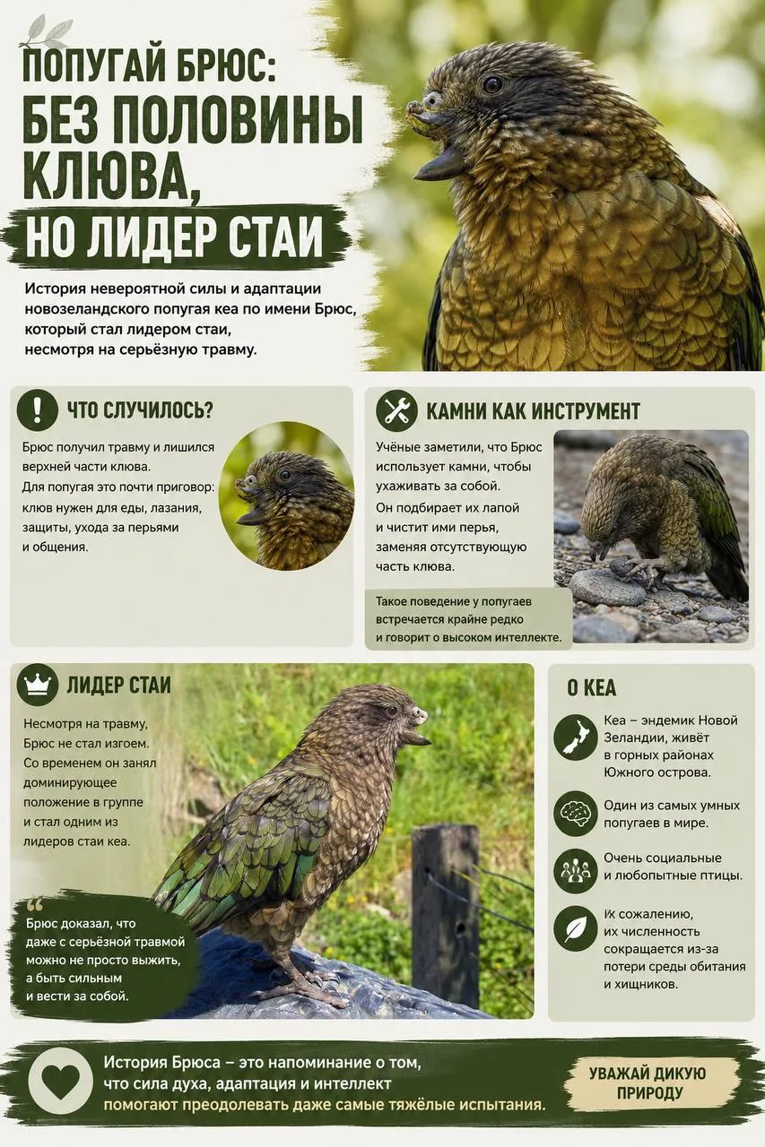 🦜 Попугай без половины клюва стал лидером стаи.
