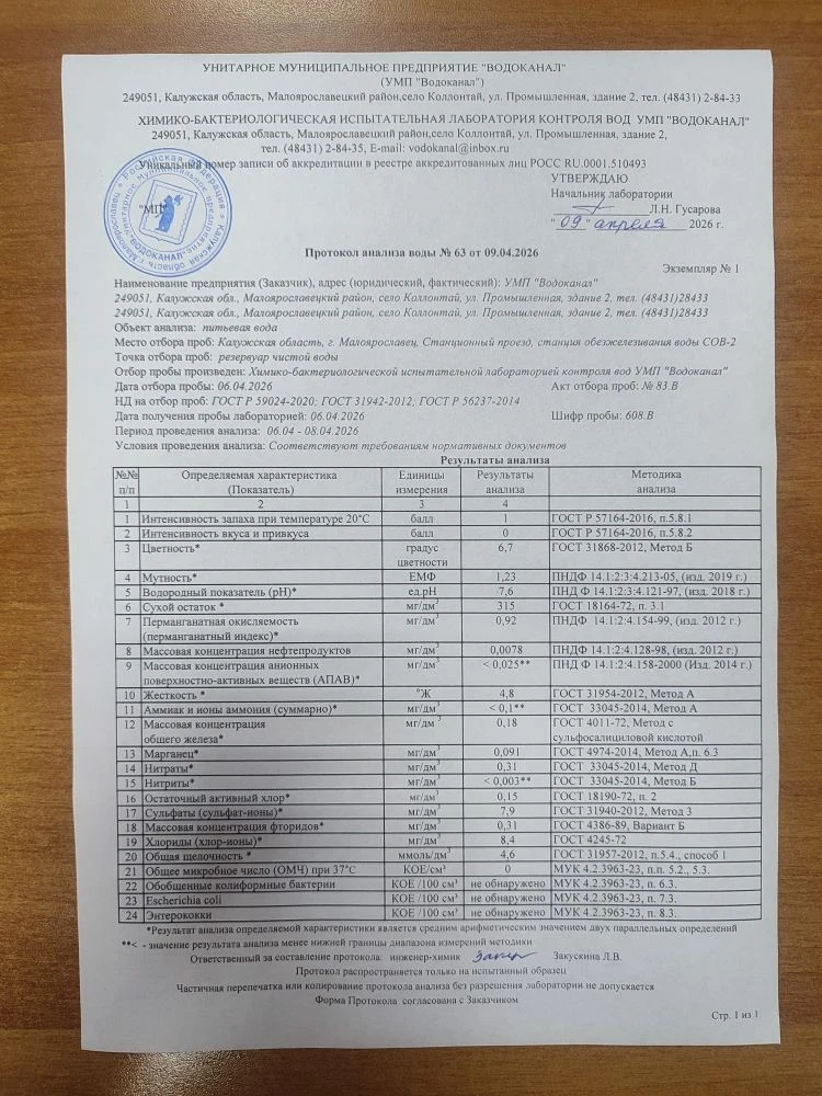 Протокол анализа №62 от 09.04.2026. Место отбора проб Малоярославец ул. Чистовича 2, ст...