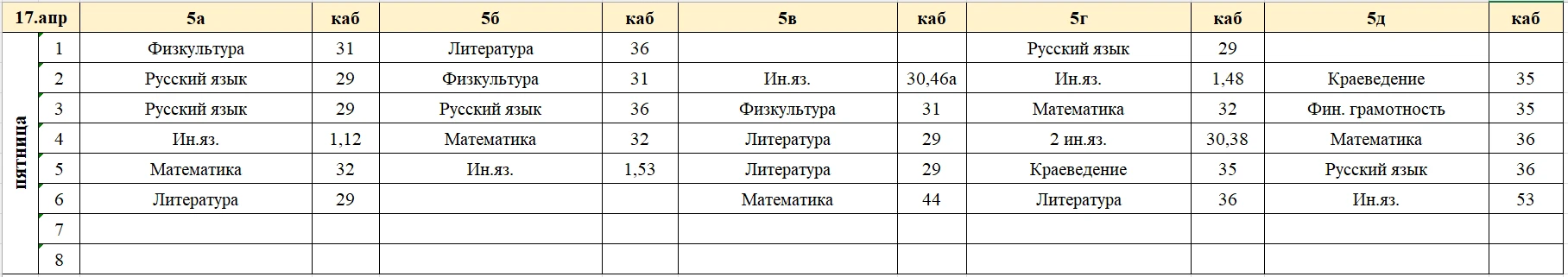 Изменения в расписании на пятницу, 17 апреля.  Расписание на 7б,7г,7д и 9г будет позже.