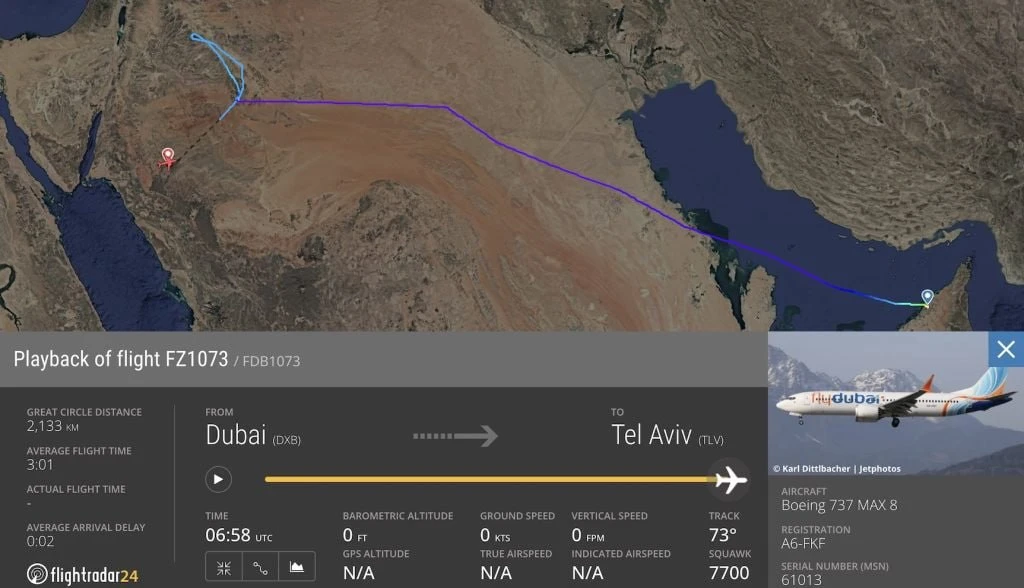 Сегодня рейс Flydubai FZ1073, летевший из Дубая в Тель-Авив, был вынужден изменить марш...
