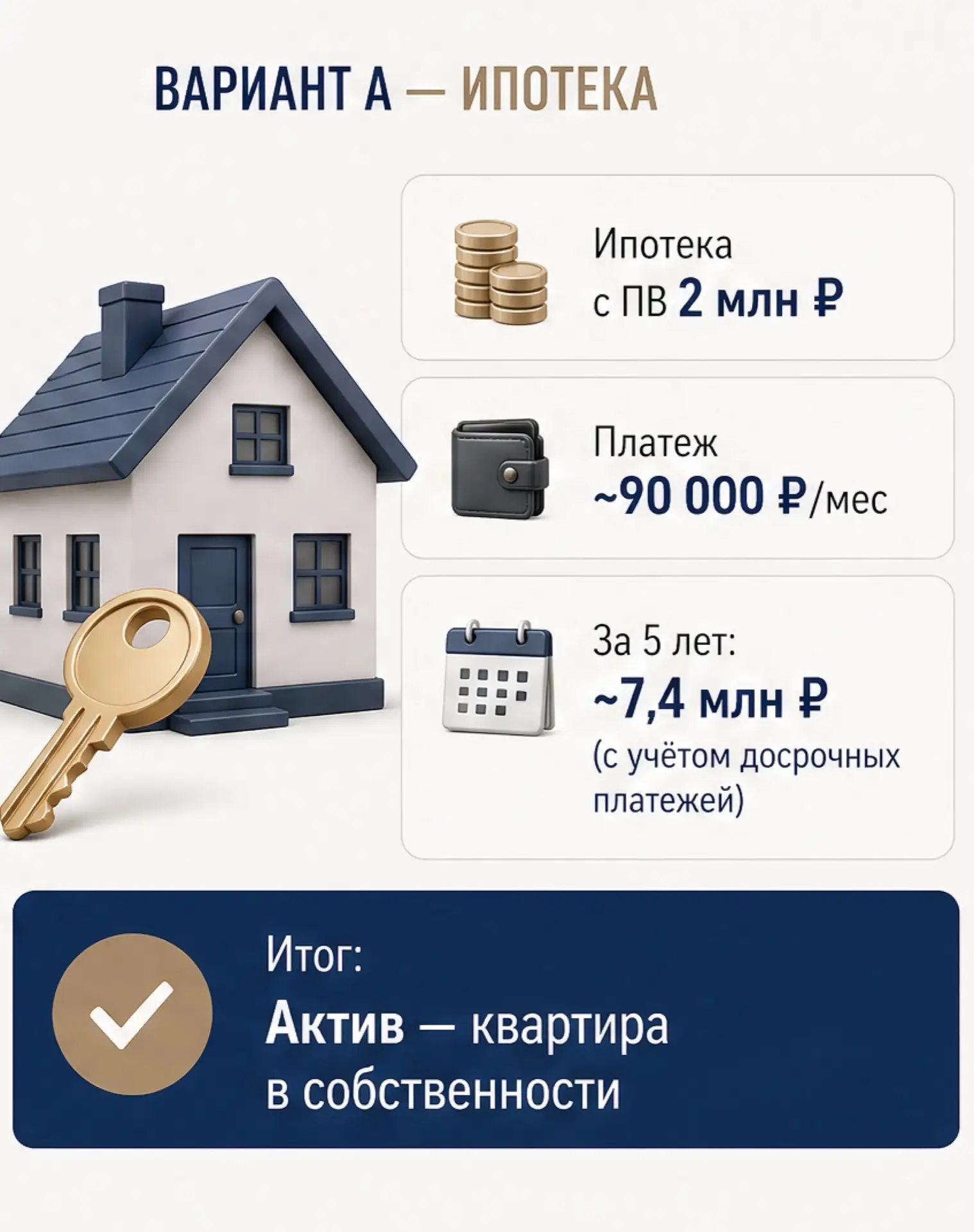 🔍 Мы сравнили два пути за 5 лет (средний срок выплаты части ипотеки). Возьмем для примера квартиру 
