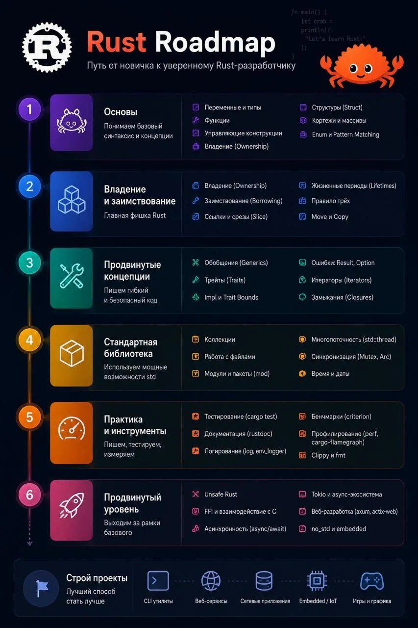 🦀 Полный roadmap по изучению Rust на русском + бесплатный курс для начинающих + большо...