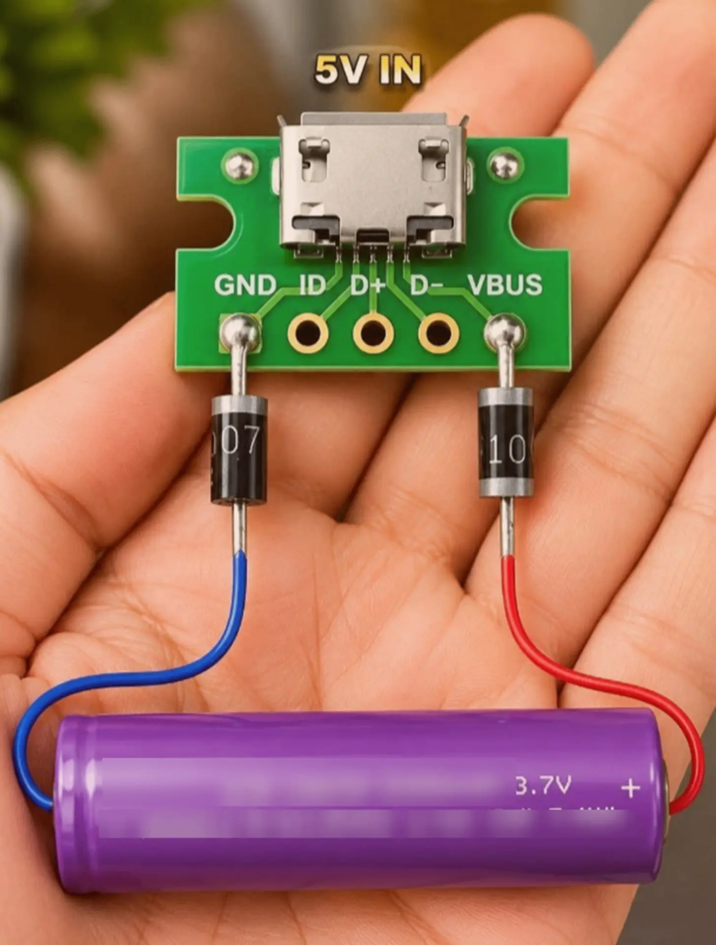 Простейшая схема зарядки литий-ионного аккумулятора от USB (5 В). 
Напряжение на 100% заряженного ак