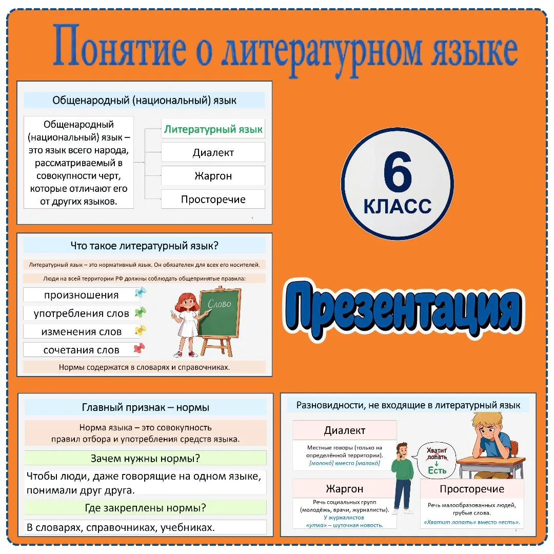 Презентация «Понятие о литературном языке», 6 класс