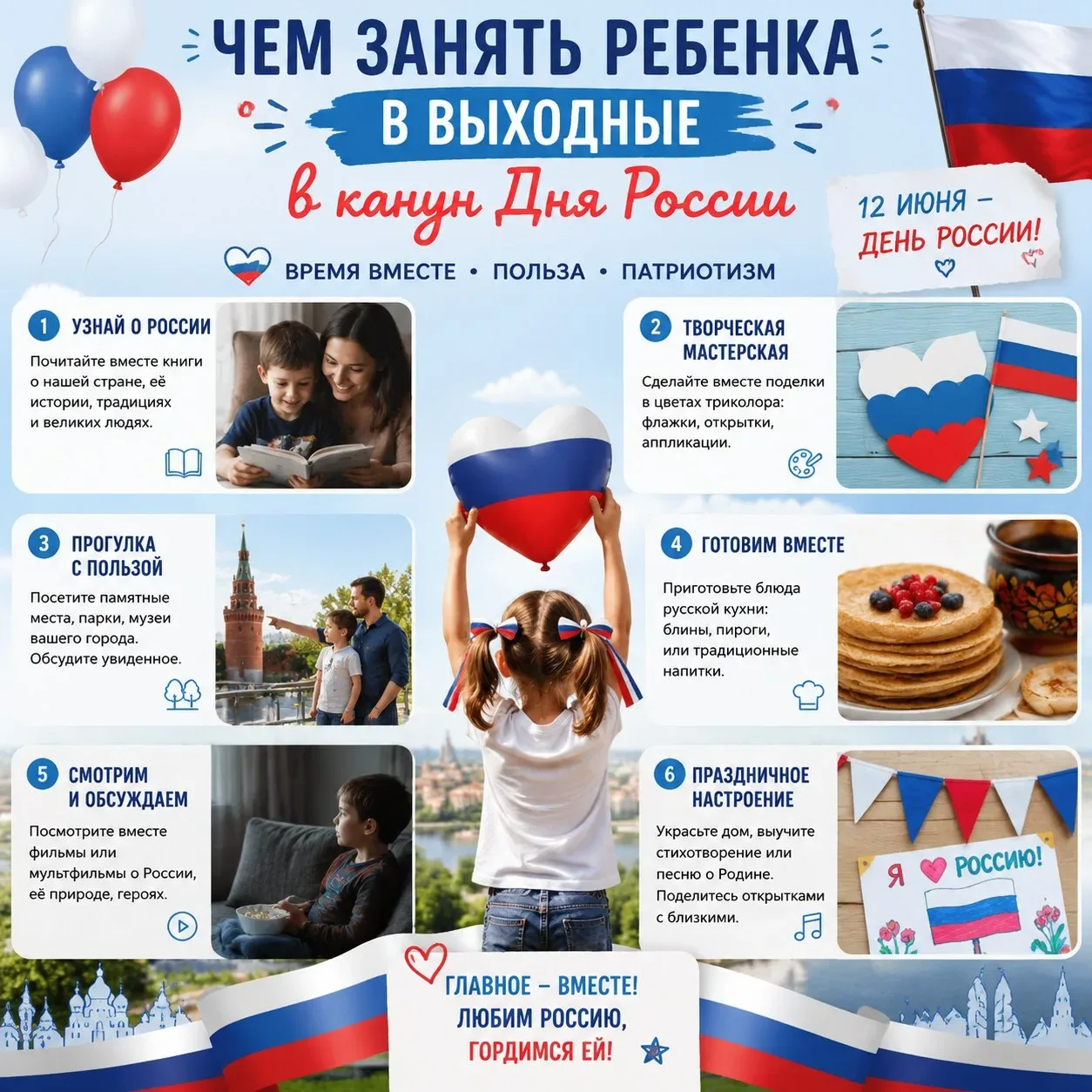 🇷🇺 ЧЕМ ЗАНЯТЬ РЕБЁНКА В ВЫХОДНЫЕ В КАНУН ДНЯ РОССИИ
Уважаемые родители!
Выходные — отличное время,