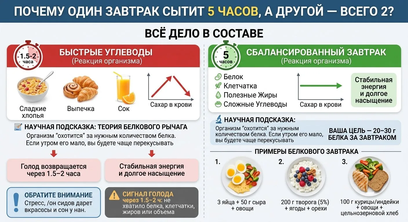 Почему один завтрак сытит 5 часов, а другой — всего 2?