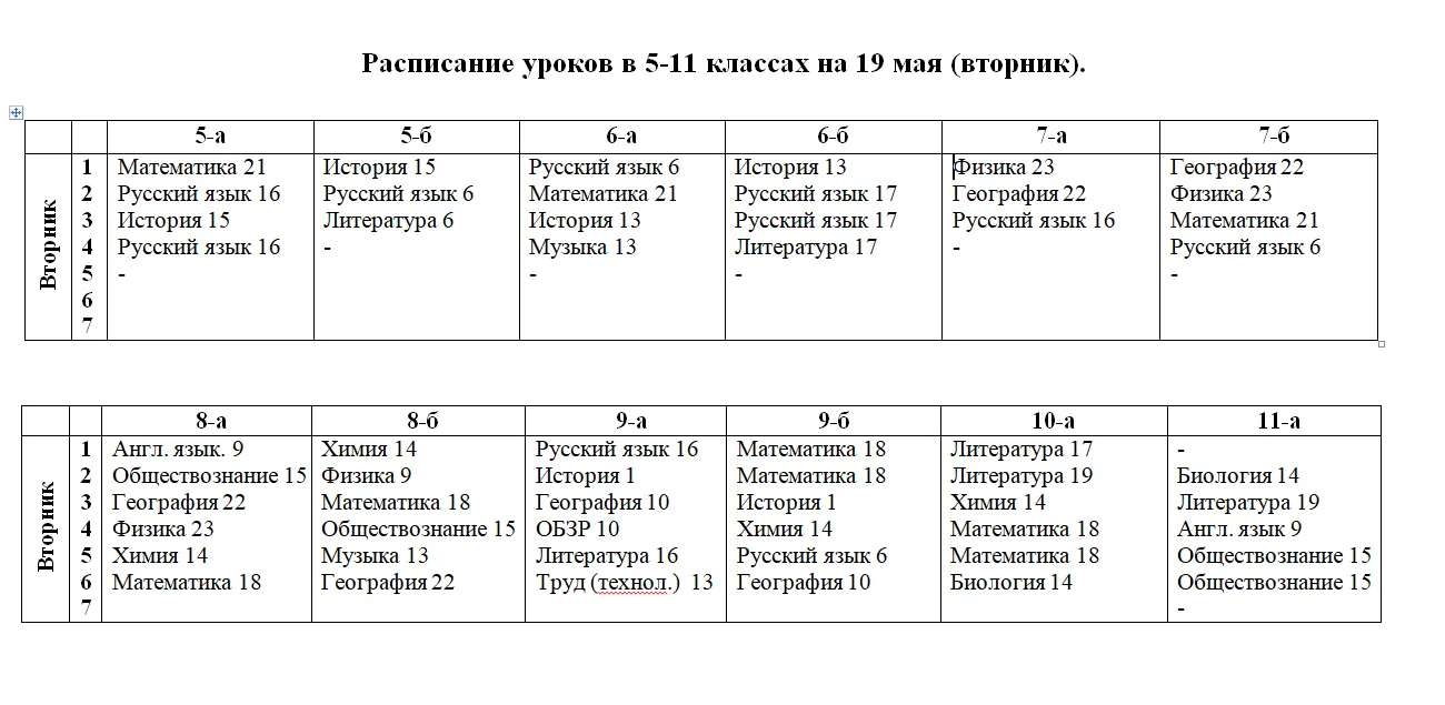 РАСПИСАНИЕ в 5-11 кл. на 19 мая (вторник).