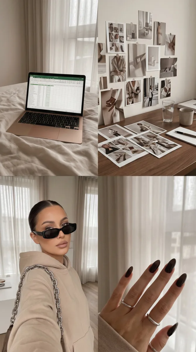 A grid collage of four panels arranged in two rows. The image depicts aesthetic lifestyle details co