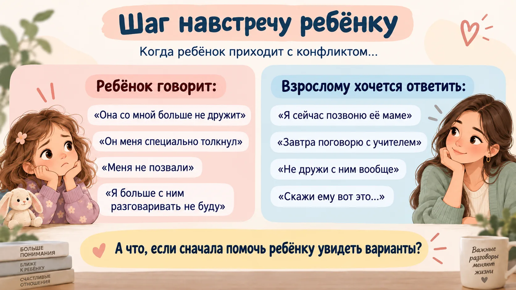 Когда ребёнок приходит с конфликтом, взрослому очень хочется сразу вмешаться: