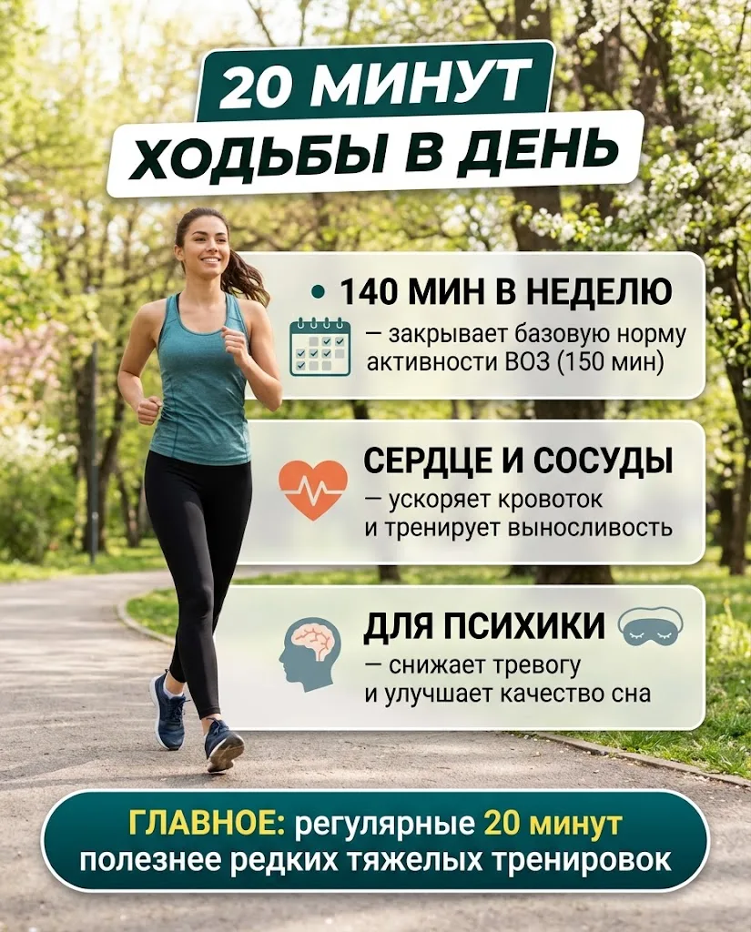 Кажется, что 20 минут — слишком мало, чтобы всерьёз повлиять на здоровье. Но если гулят...