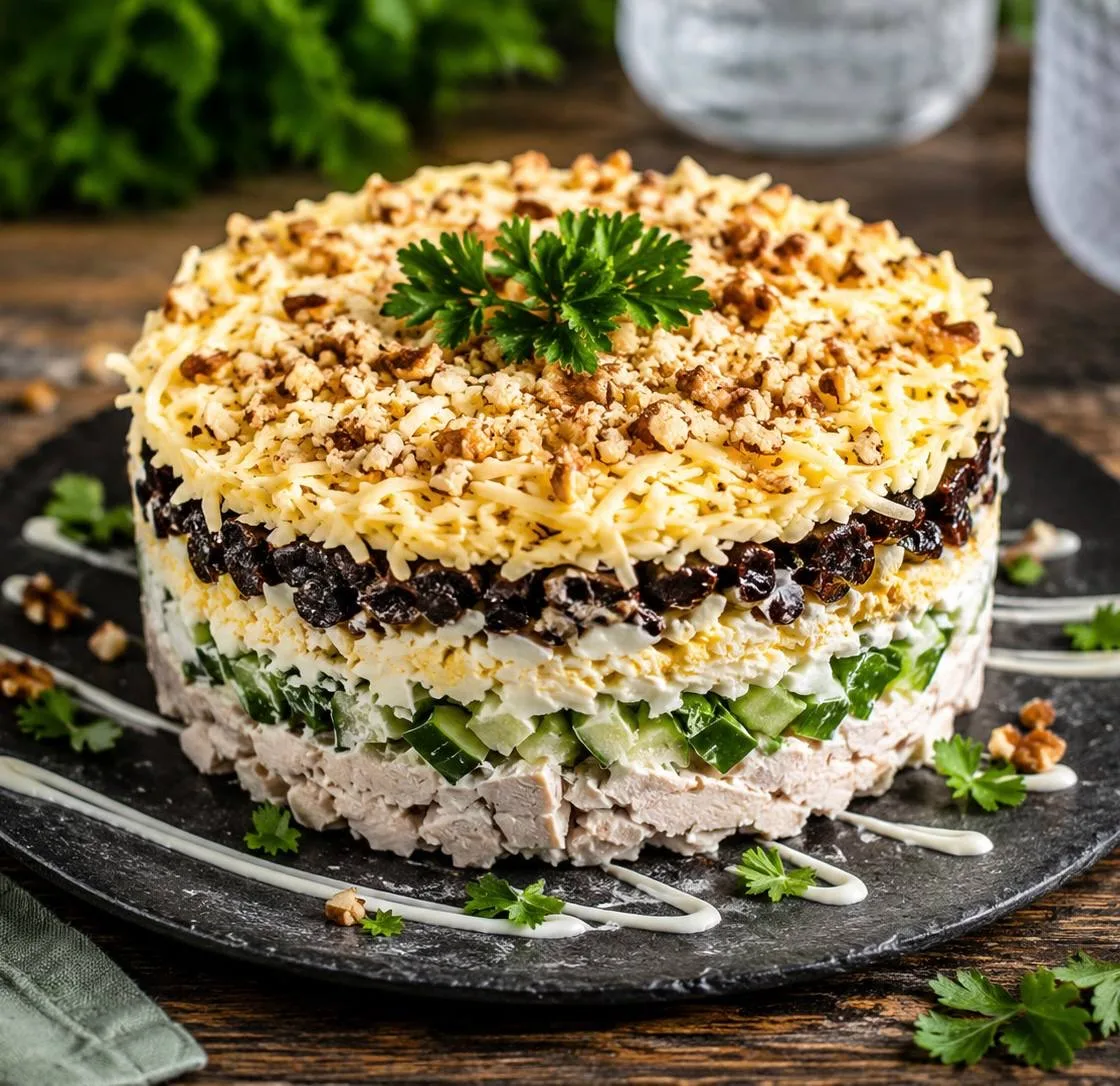 Салат с курицей, черносливом и грецким орехом.