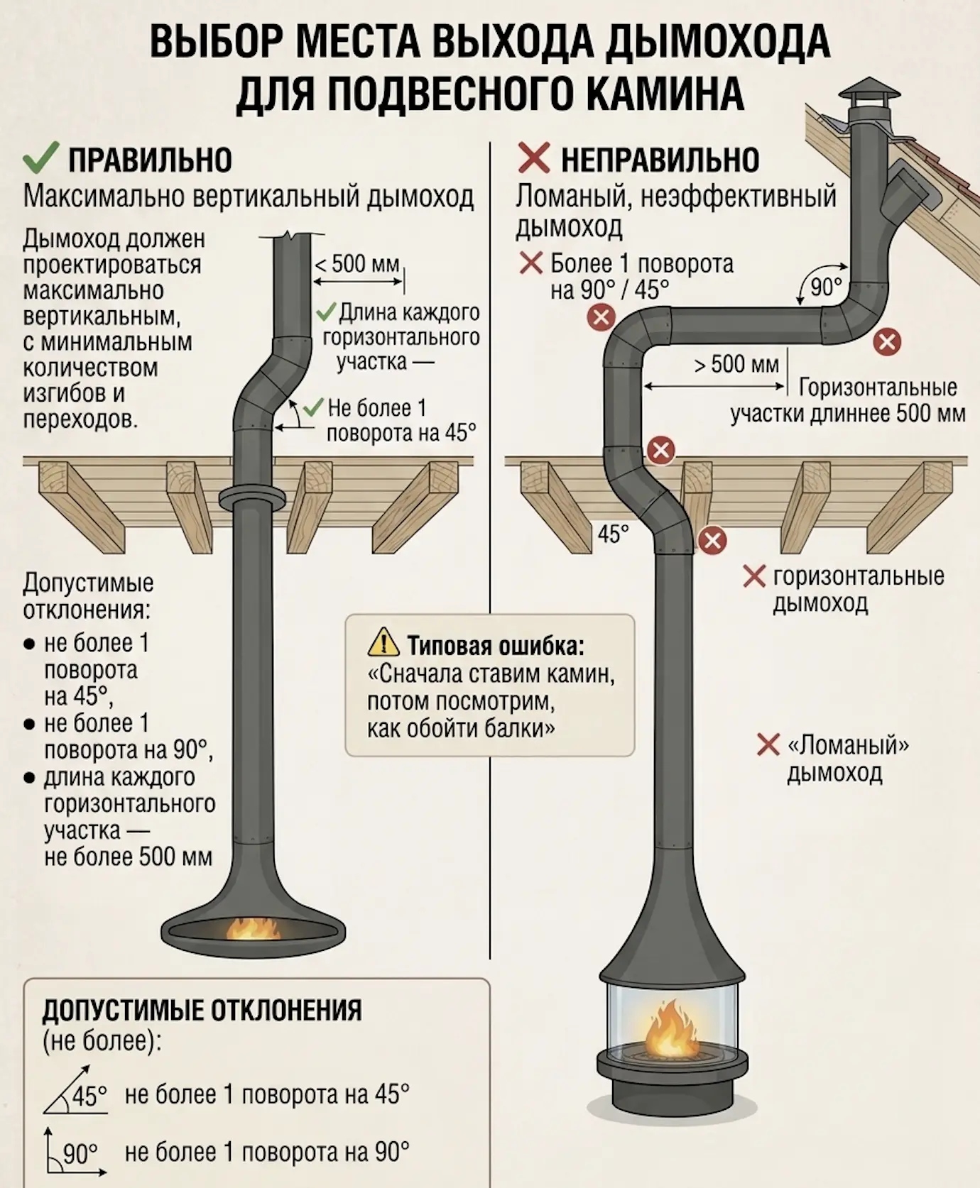 ✅Где установить камин правильно?✅ 2. Выбор места выхода дымохода 🌬Дымоход должен проектироваться ма