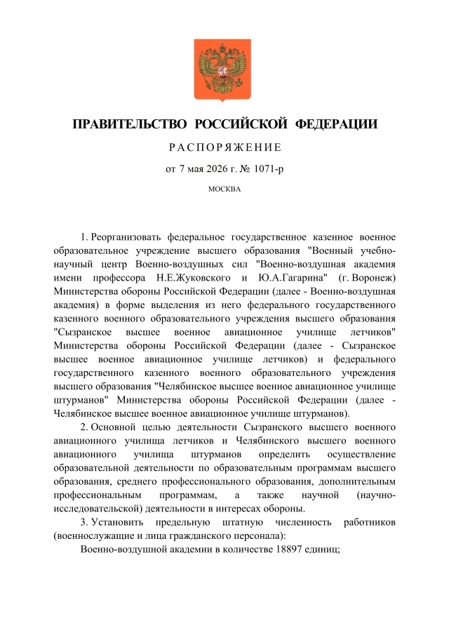 Основные положения распоряжения Правительства РФ № 1071-р от 07.05.2026: ✅Сызранское высшее военное 
