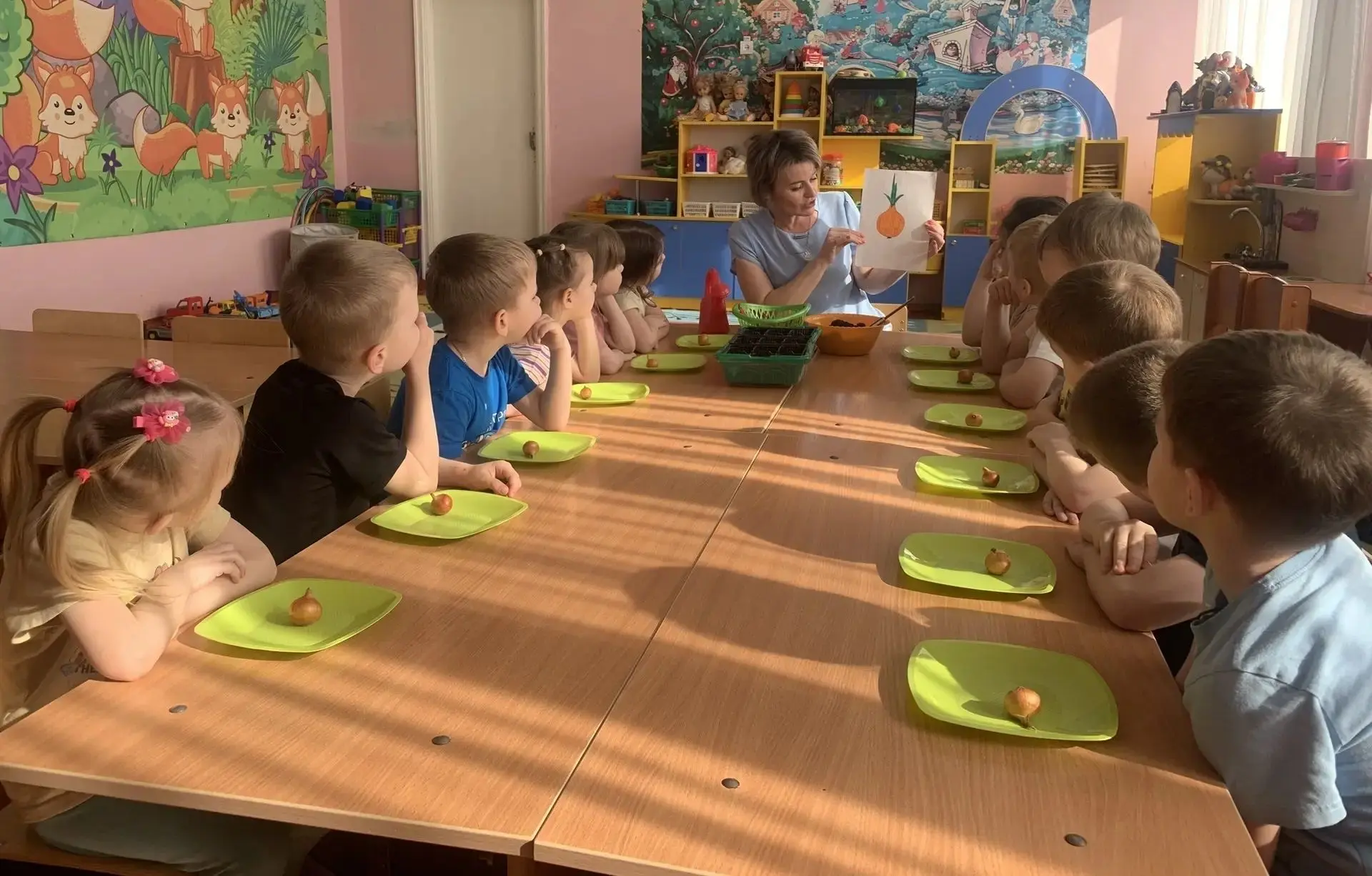 В средней группе детского сада прошло занятие по посадке лука. Воспитанники расширили с...