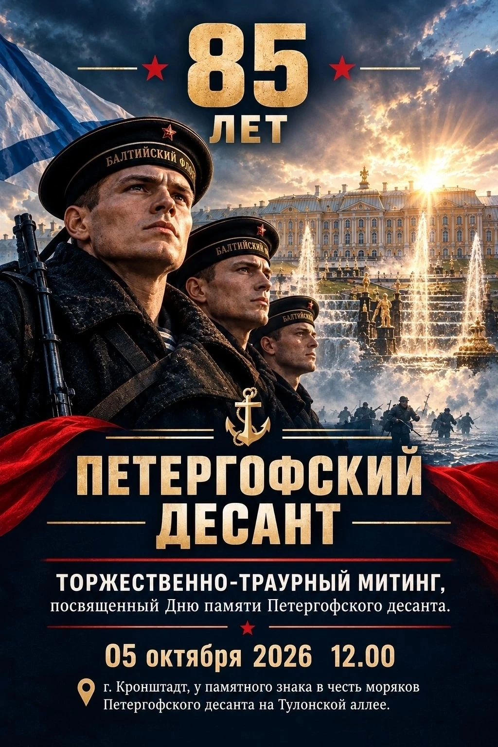 5 октября 2026 года в 12:00 у памятного знака в честь моряков Петергофского десанта на ...