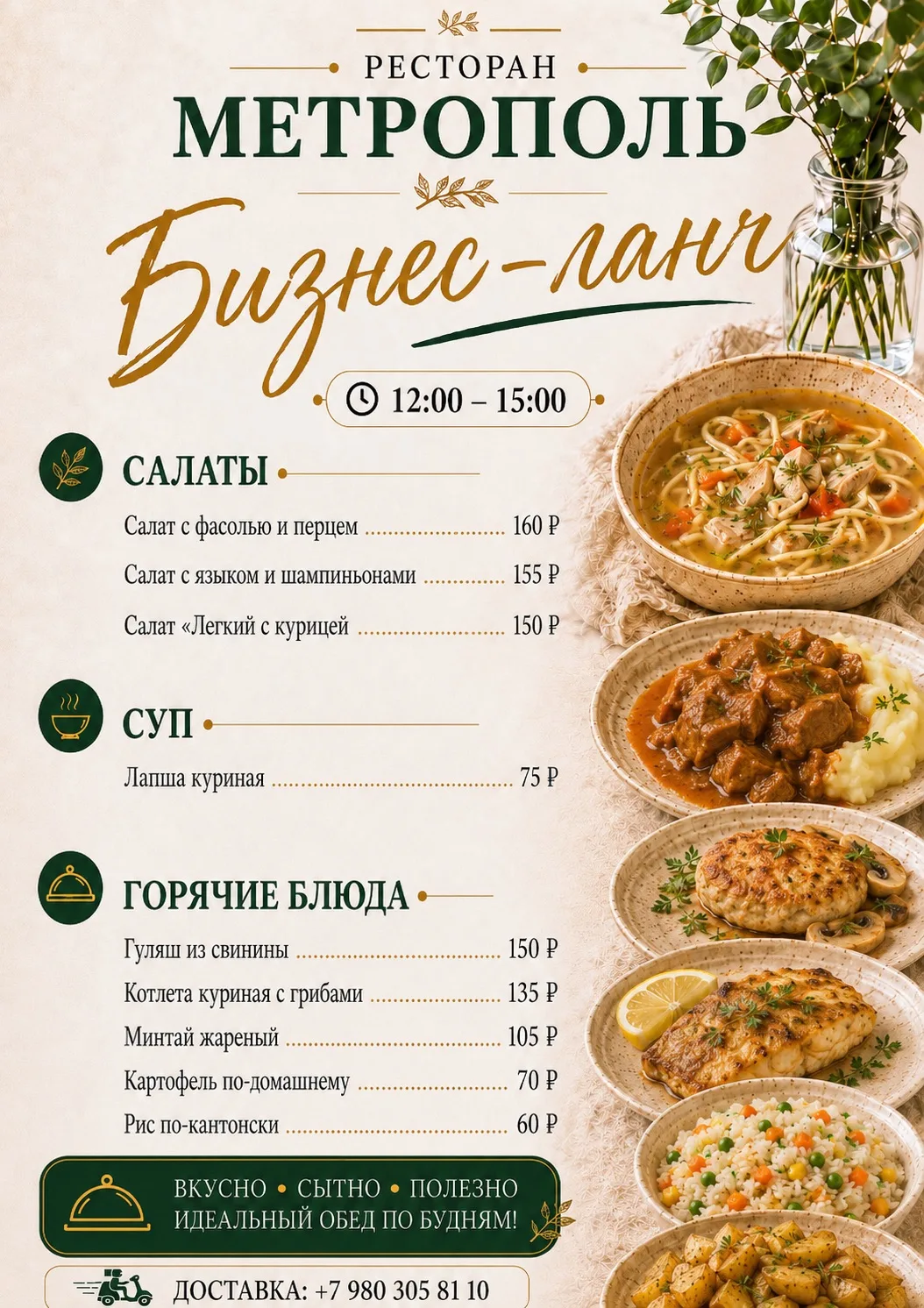 С 12:00 до 15:00 — вкусные, сытные и домашние блюда по приятным ценам.
Идеально, чтобы сделать паузу