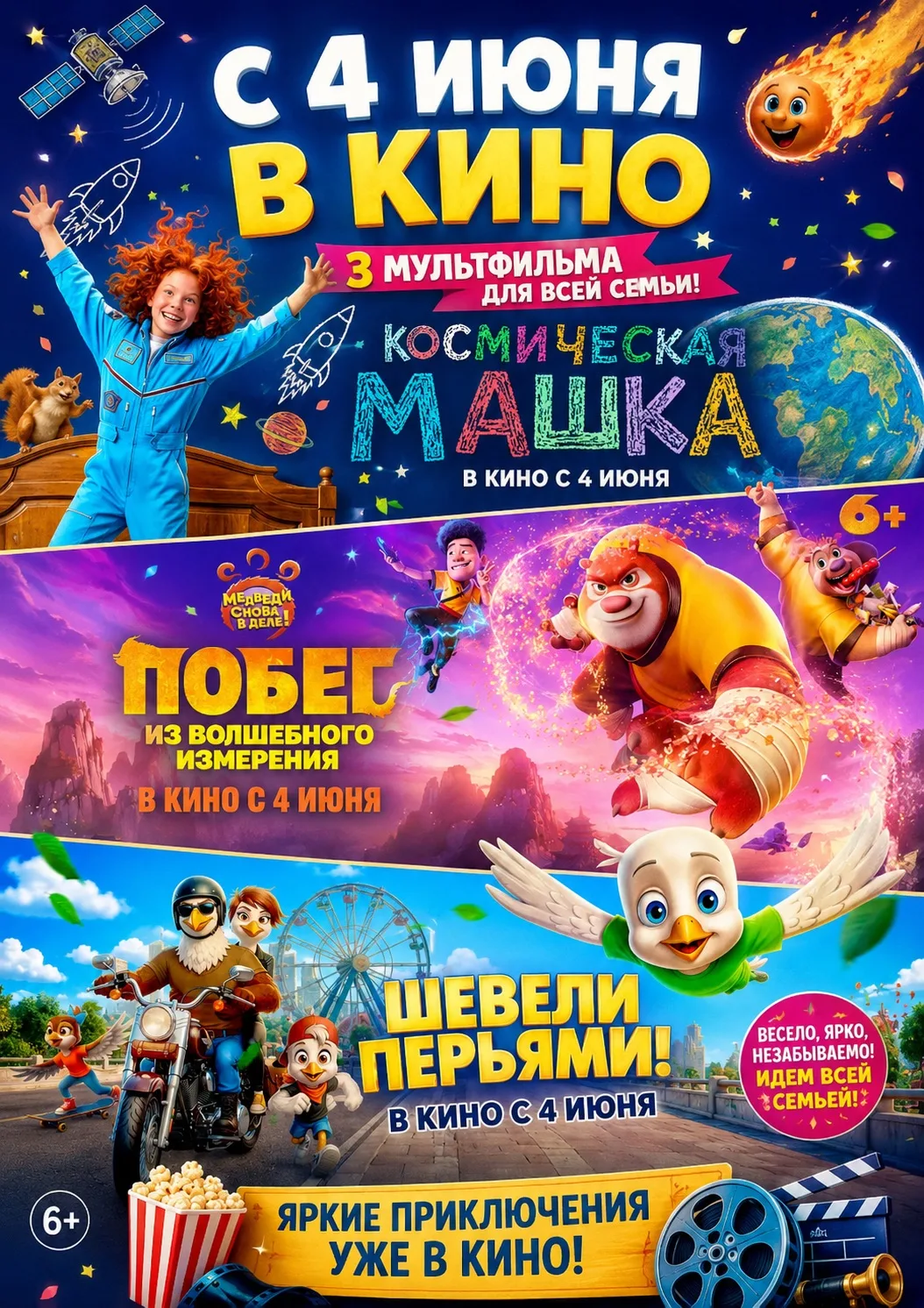 С 4 июня — яркие приключения для всей семьи!

🚀 «Космическая Машка»(12+)
🐻 «Побег из волшебного из