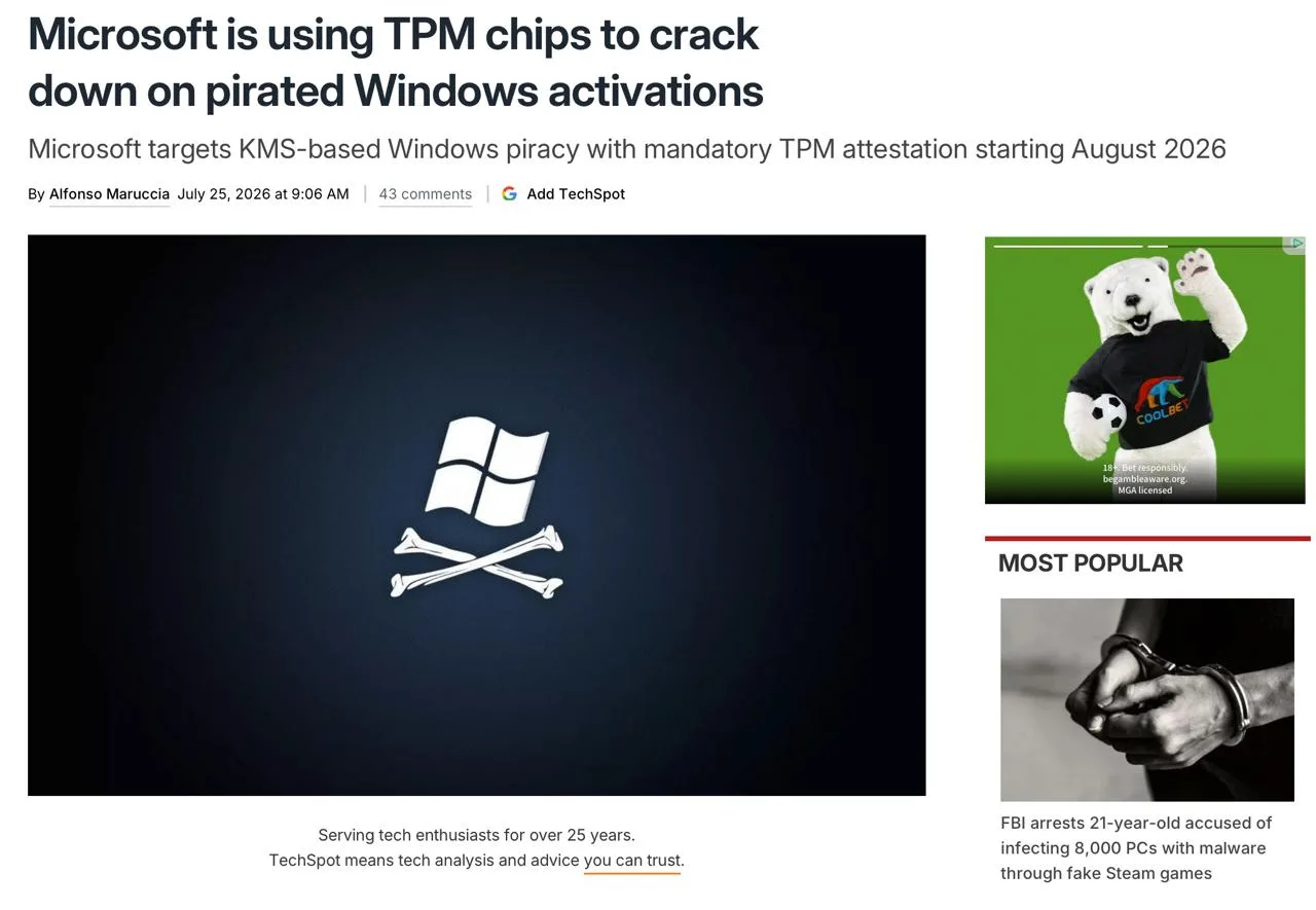 Microsoft убивает пиратство. Компания хочет привязывать KMS-серверы к железу. Если это получится, то
