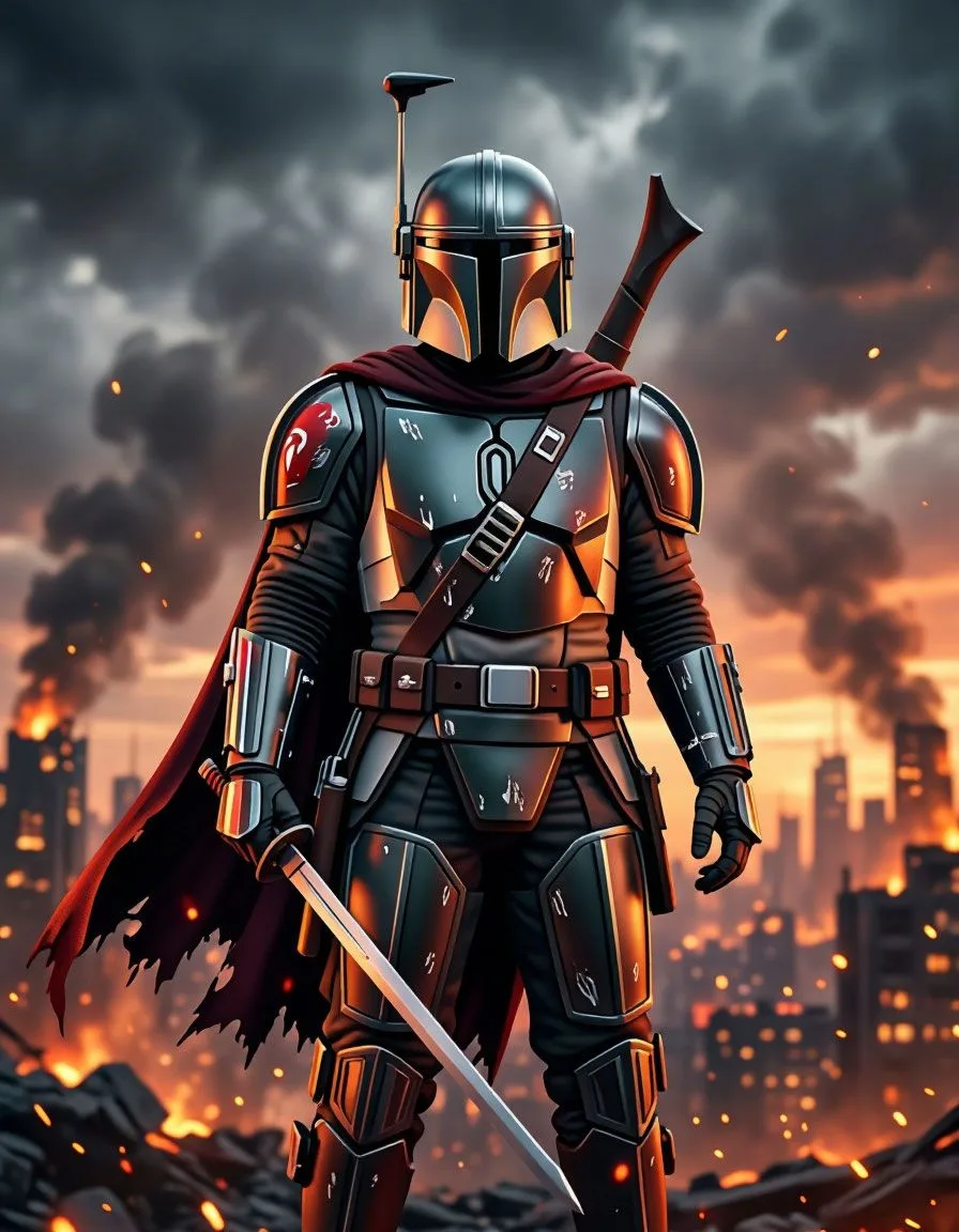 A lone armored warrior standing in a war-torn apocalyptic cityscape, wearing heavy dark...