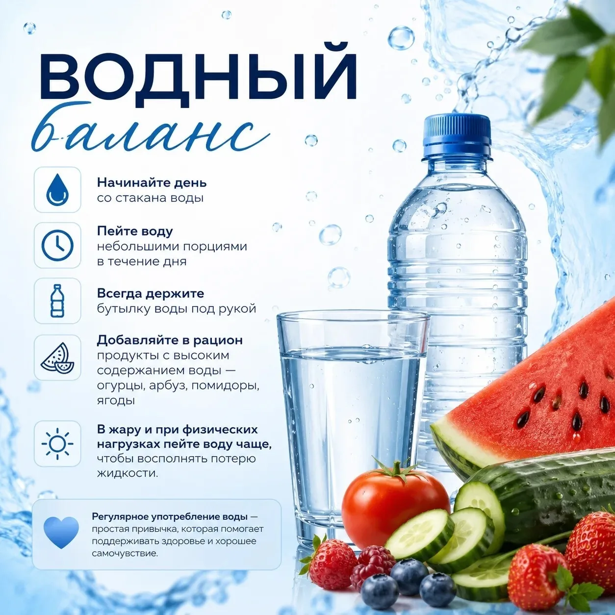 💧Вода — основа хорошего самочувствия!

Наш организм ежедневно теряет жидкость, поэтому важно регуля