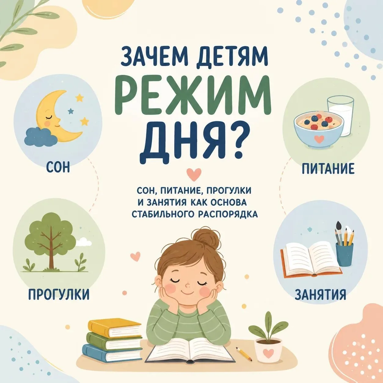 Режим дня помогает ребёнку лучше высыпаться, вовремя получать питание, больше двигаться...