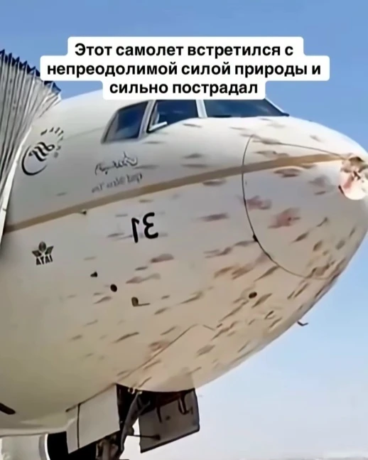 Самолёт кажется повреждённым, словно по нему бросали камни, но на самом деле это последствия столкно