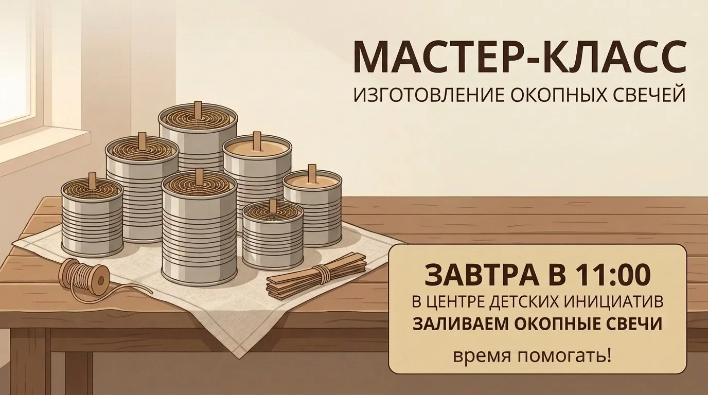 Время помогать! 🇷🇺

Завтра в 11:00 ждем всех ребят на мастер-класс по изготовлению окопных свечей.