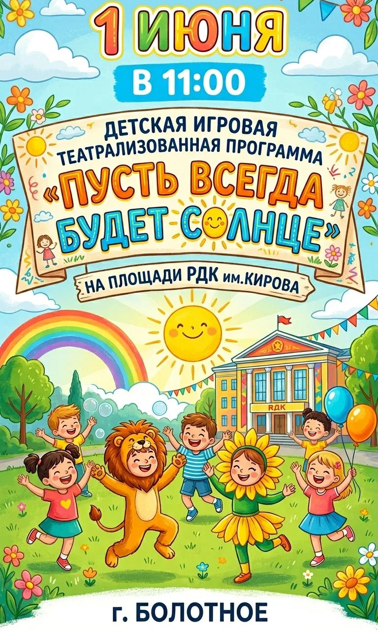 Детская игровая театрализованная программа «Пусть всегда будет солнце» ☀ 
   
1 июня в 11:00 РДК им.