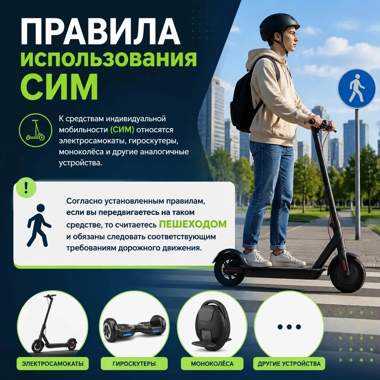 🛴 Правила использования СИМ: что важно знать каждому!

Средства индивидуальной мобильности (СИМ) — 