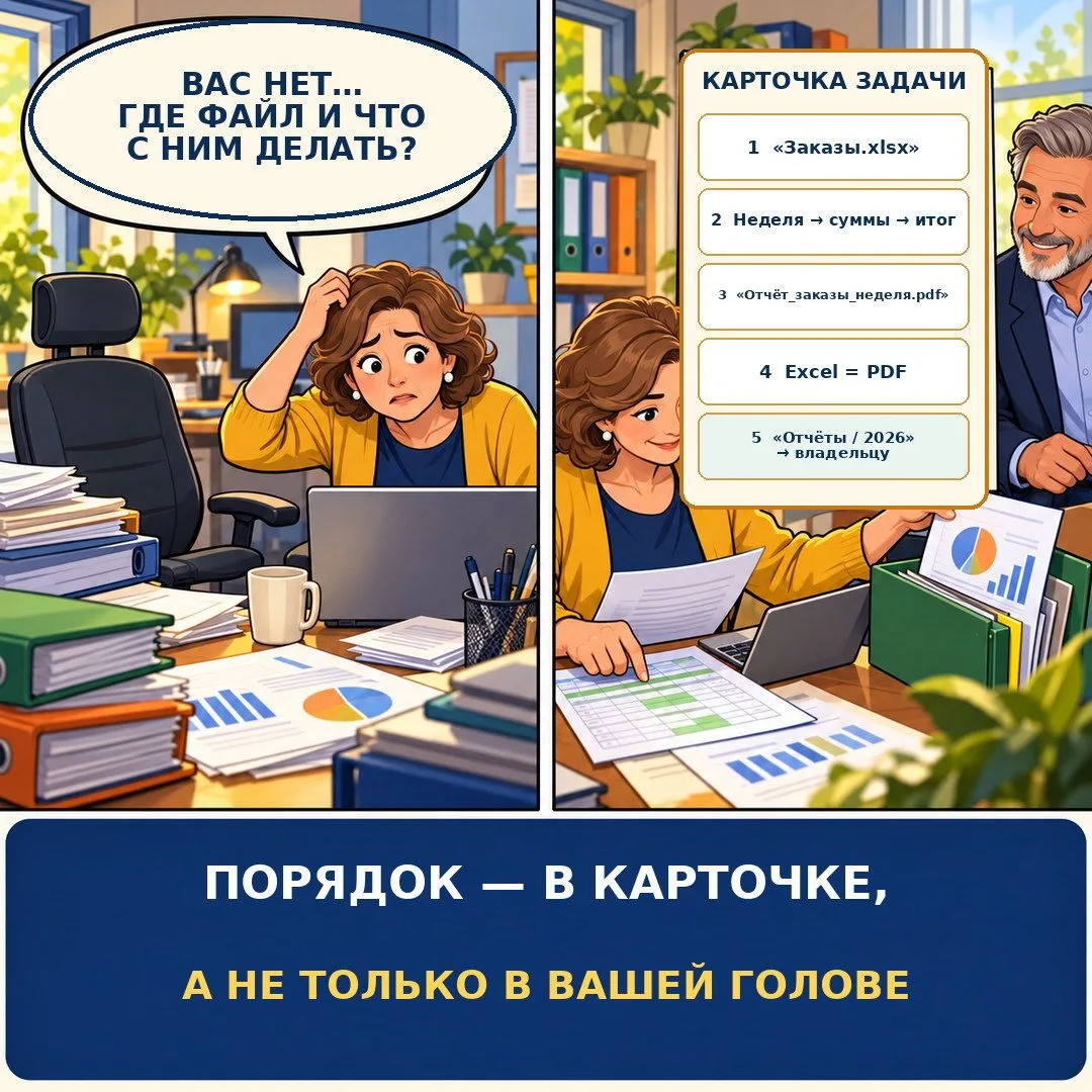 Чтобы работа не остановилась, когда вас нет: карточка (чек-лист) одной задачи