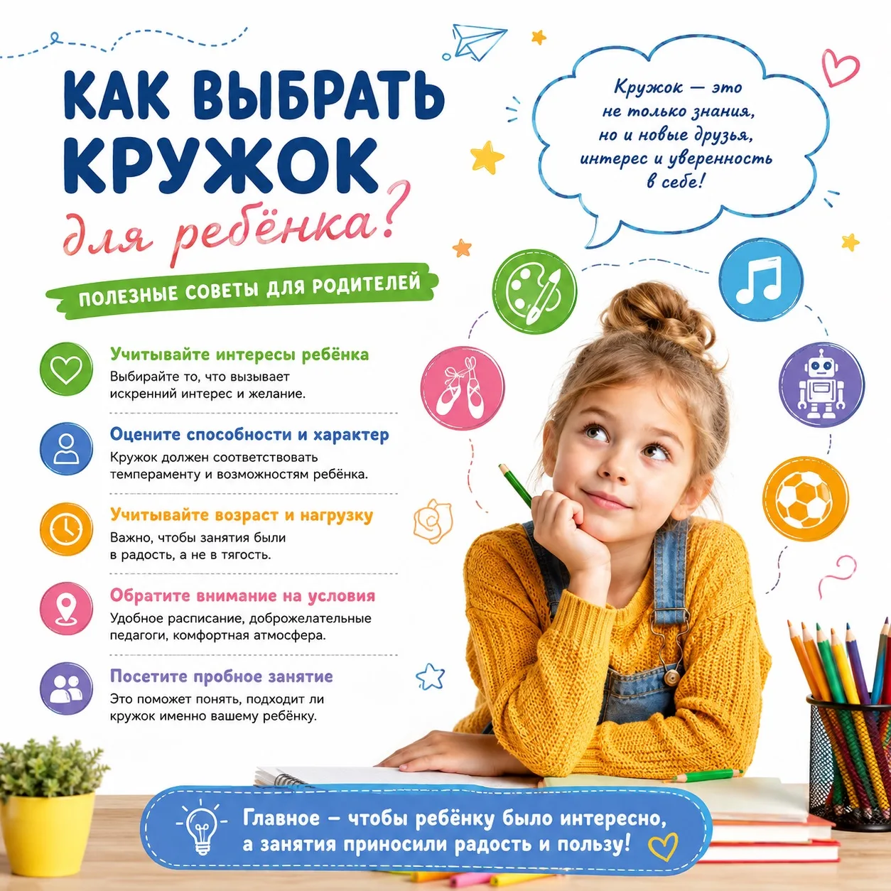 Как выбрать кружок для ребёнка? 🎨🎵⚽