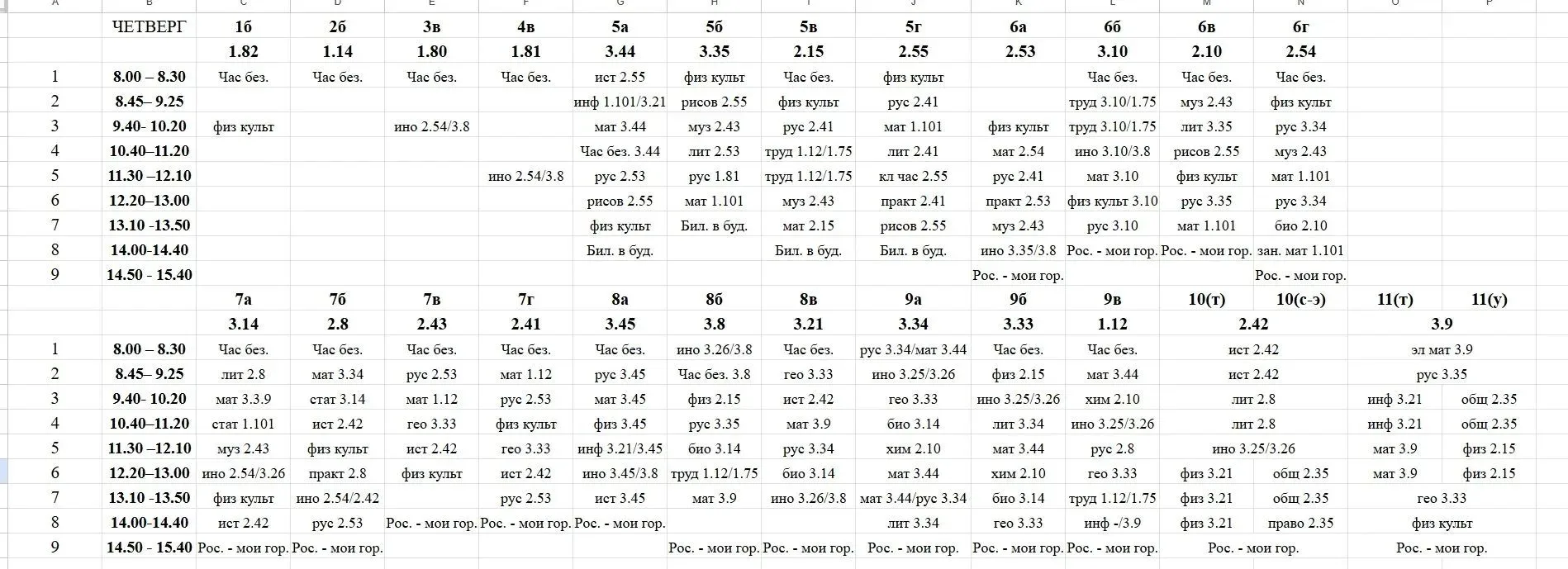 Расписание на четверг 17 сентября.