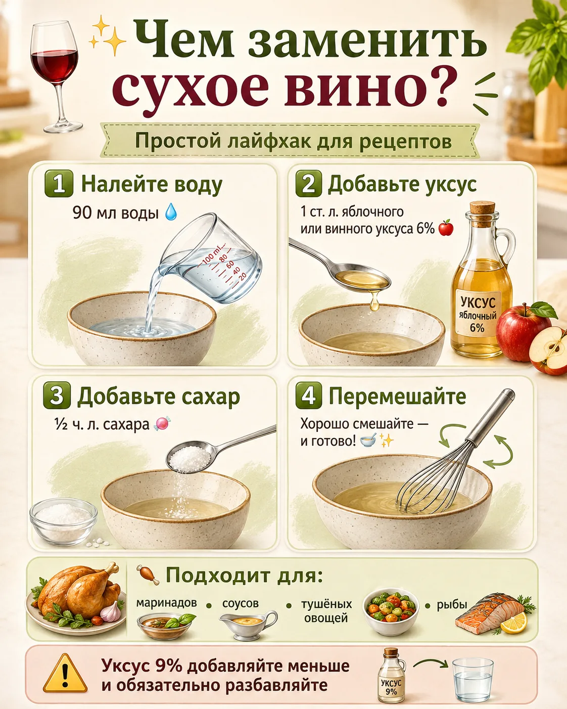 🍷✨ ЛАЙФХАК: чем заменить сухое вино в рецепте? ✨🍷

В рецепте указано сухое вино, а дома его нет? �