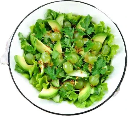 🥗 Салат с грецкими орехами и виноградом.  Ингредиенты:  • Виноград — 100 г • Салат листовой — 30 г •