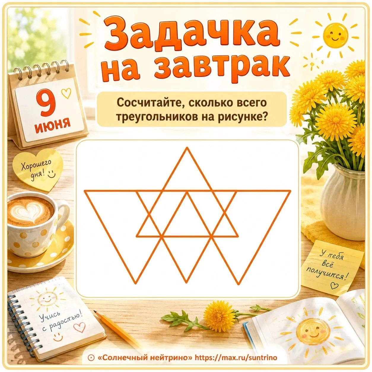 ☀️ Задачка за обедом ☕

Сосчитайте, сколько всего треугольников на рисунке?😊

Если сосчитали, поста