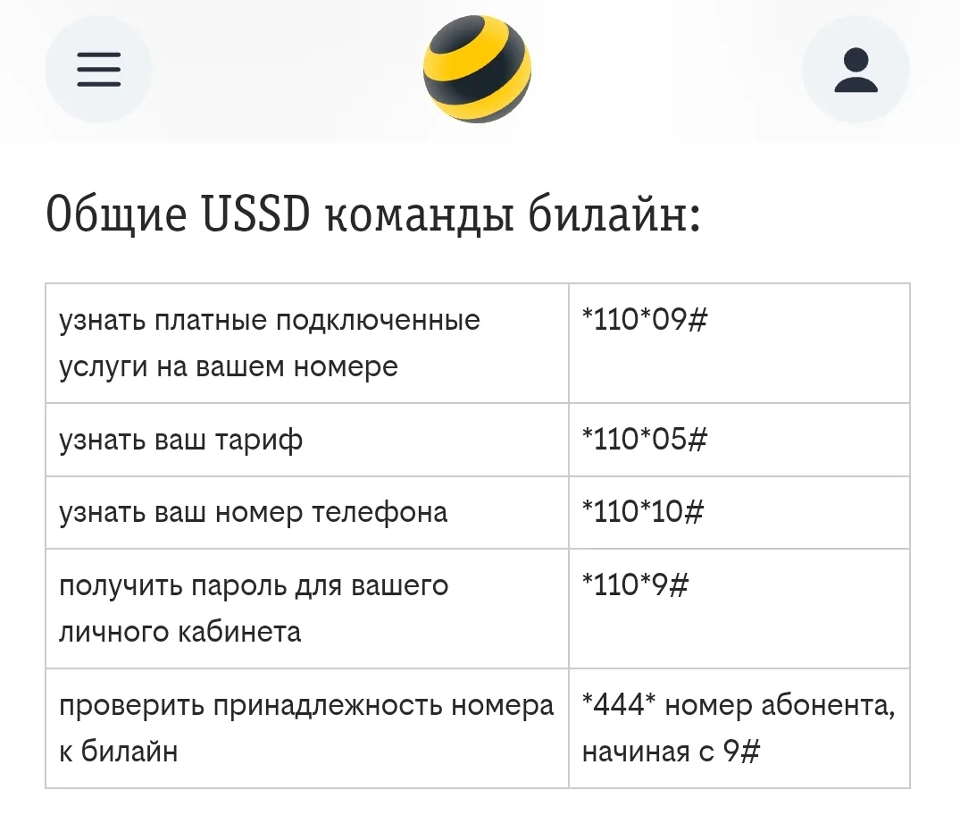 Общие USSD команды билайн: