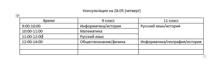 Расписание консультаций на 28.05