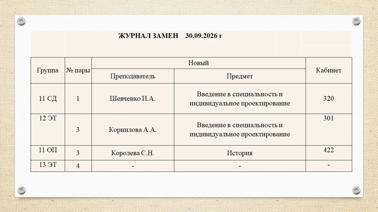 ЖУРНАЛ ЗАМЕН 30.09.2026 г
