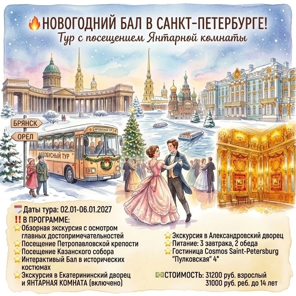 🔥 Новогодний бал  в  Санкт-Петербурге!  Тур с посещением Янтарной комнаты
