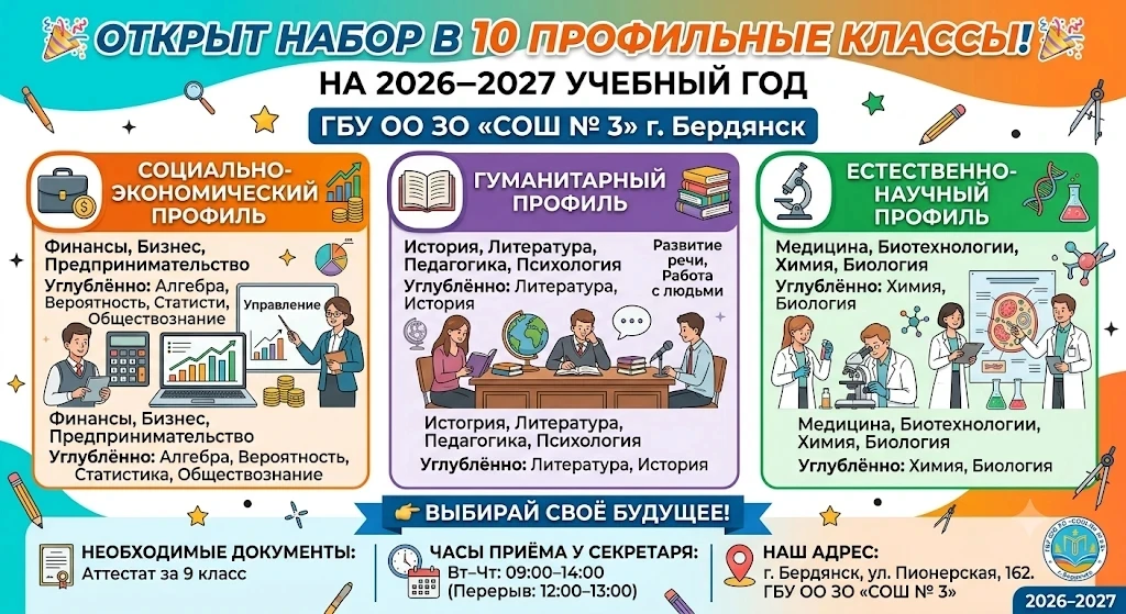 ​🎉 НАБОР В 10-Е ПРОФИЛЬНЫЕ КЛАССЫ! 🎉
​ГБУ ОО ЗО «СОШ № 3» г. Бердянск объявляет набор на 2026–2027