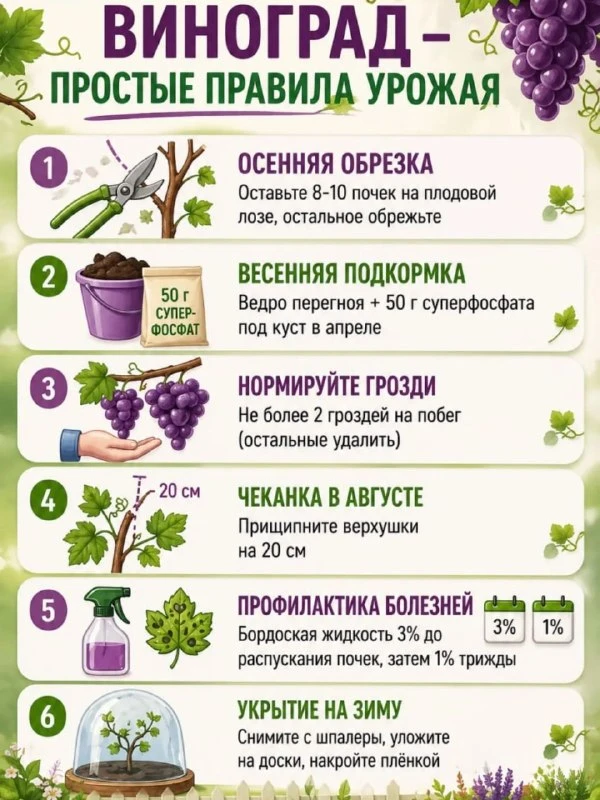 Полезный и наглядный пост для дачников и садоводов с простыми правилами ухода за виногр...